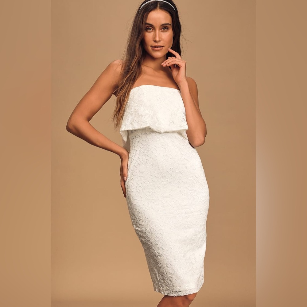 NWT LULUS LET’S GO OUT TONIGHT WHITE LACE STRAPLESS BODY CON DRESS SIZE MEDIUM